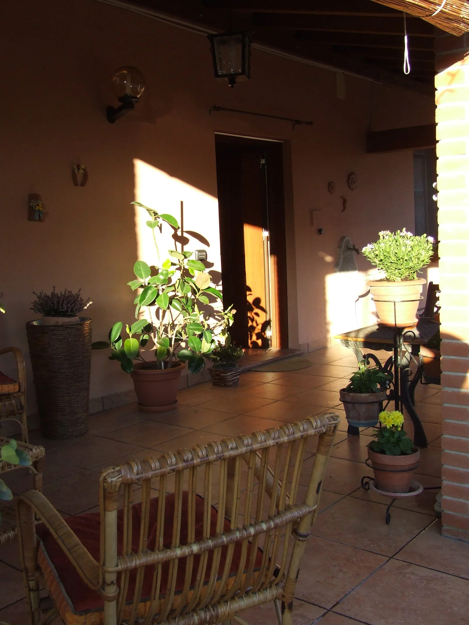 Loggia esterna con piante e pavimento in cotto